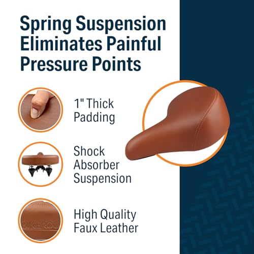 Bikeroo Wide Cruiser Saddle - Comfort Seat Fits Indoor & Outdoor Bicycles - Steel Spring & Elastomer Suspension - Memory Foam - Brown