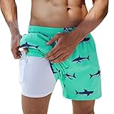 Arcweg Badehose für Herren Jungen Badeshorts mit Kompression Liner 2 in 1 Schnelltrocknend Strandhose Männer Elastisch Surf Shorts mit Reißverschlusstaschen Hai S（EU