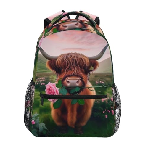 Mochila para niñas de 6 a 14 años escolar con estampado retro de flor de vaca verde