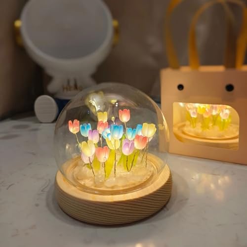 Image of One94Store Tulip LED Night Light - Decorative Glass Table Lamp with 10 Artificial Flowers, Soft Glow for Bedroom, Living Room, Birthday & Gifts (8 cm, Multi-Color)