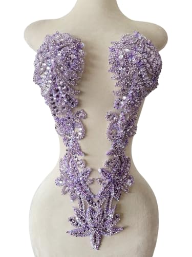 Handmade Beaded Appliques and Patches with Crystals Rhinestones Sew on Lace Sewing Accessories for Wedding Prom Evening Crafts DIY Dresses Gowns Decoration 6X21inches (Violet)