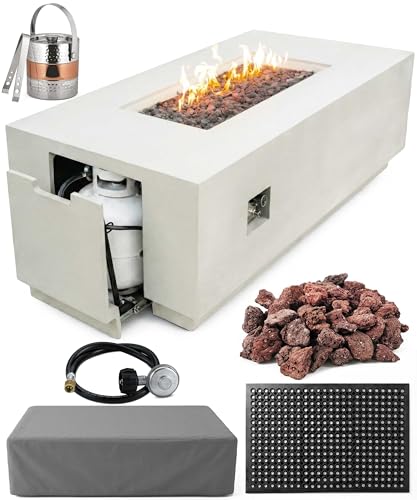 Image of AMS Fireplace Genuine Concrete Rectangular Propane Fire Pit Table for Outside Patio (66 inch Sedona) | Hidden Tank Drawer & Electronic Ignition | w /Bonus Ice Bucket and Rubber Mat (Cream White)