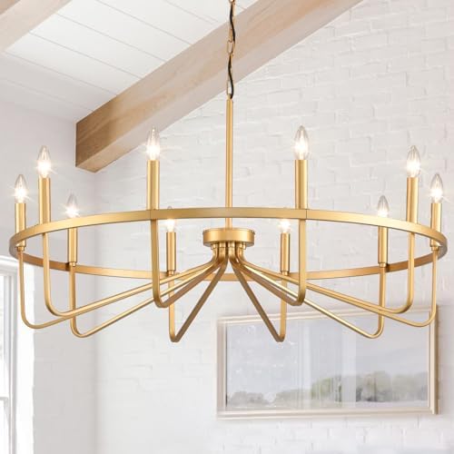 40-Inch Gold Wagon Wheel Chandelier, 10-Light Gold Candle Chandel...