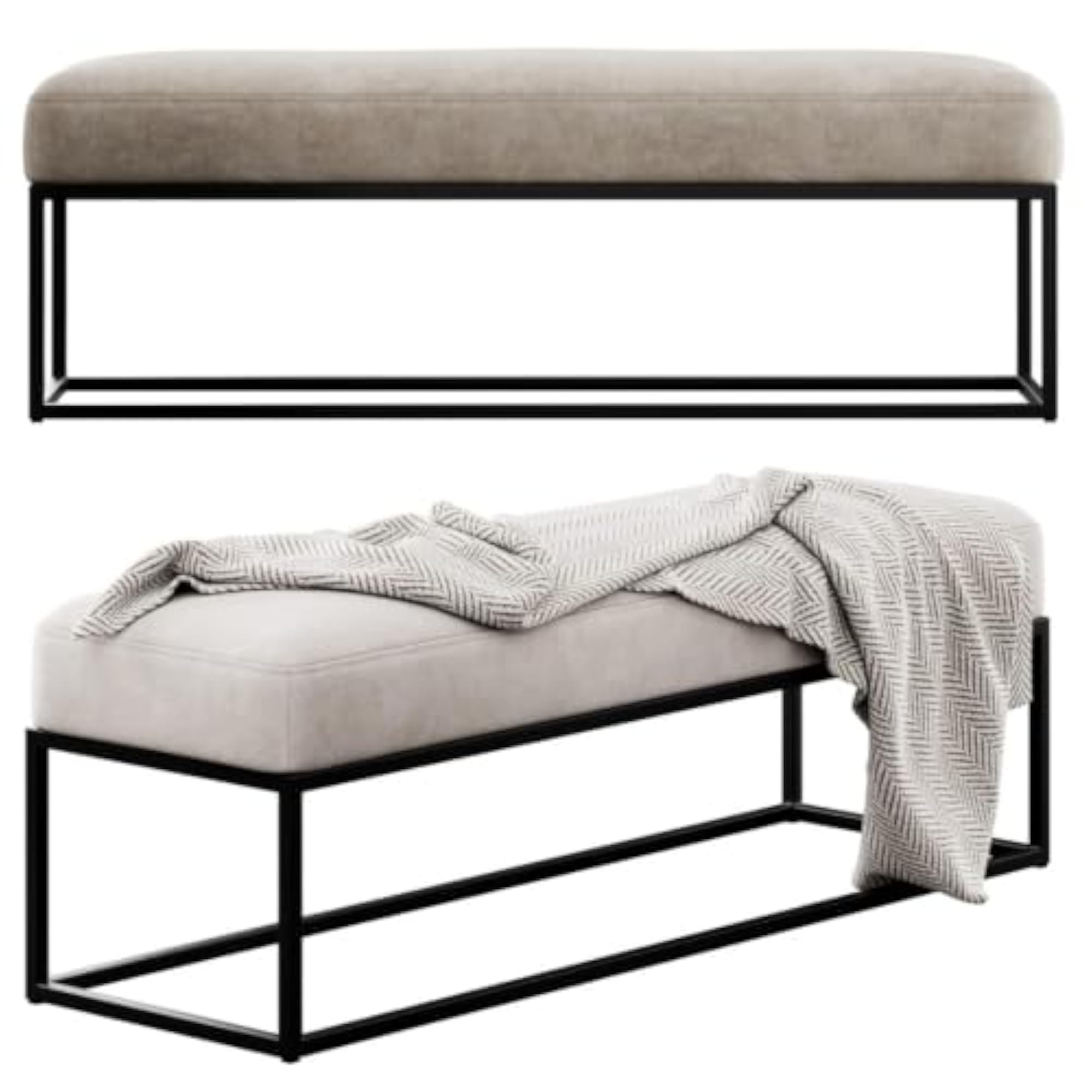 Upholstered Bench with Black Metal Frame, Beige Cushion Seat