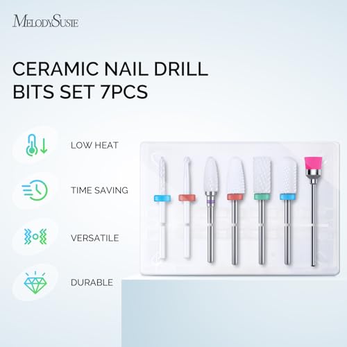 MelodySusie Ceramic Nail Drill Bits Set, 3/32'' (2.35mm) Professional Acrylic Nail File Drill Bit for Manicure Pedicure Cuticle Gel Nail Polishing 7Pcs