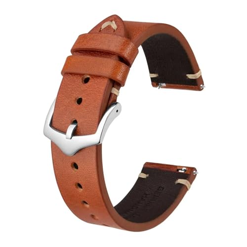 INEOUT Crazy Horse Bracelet De Montre En Cuir, 18 Mm, 20 Mm, 22 Mm, Compatible Avec La Montre Intelligente Huawei, Compatible Avec Samsung Galaxy Gear, Noir, Vert, Marron (Color : Toffee Brown-Silver