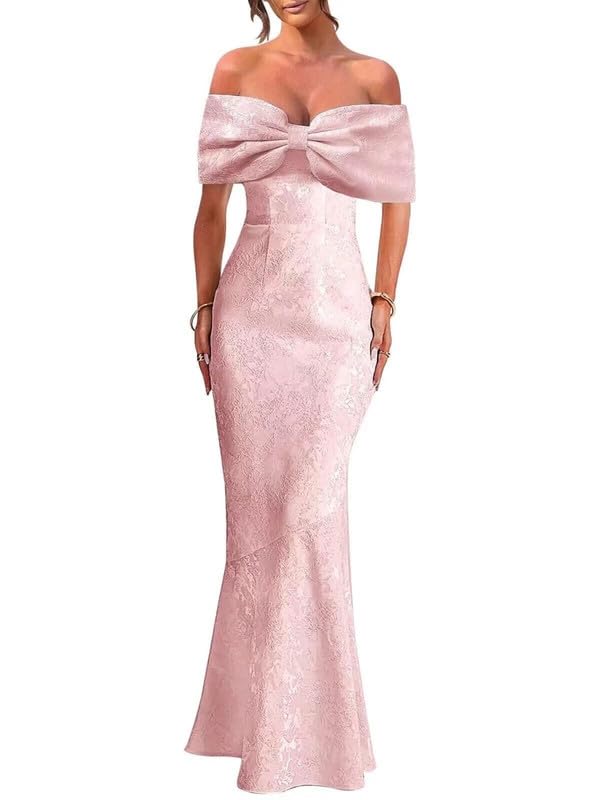 Mermaid Jacquard Satin Prom Dress Long Off Shoulder Big Bow Evening Party Formal Gowns4