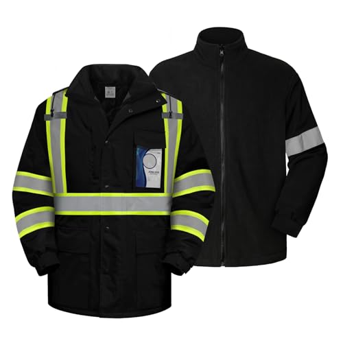 TCCFCCT 3-in-1 Hi Vis Winter Bomber Jackets for Men with Zippered Detachable Fleece Liner, Waterproof Reflective Safety Construction Coats for Cold Weather, High Vis Rain Gear, 3-in-1-Black XL