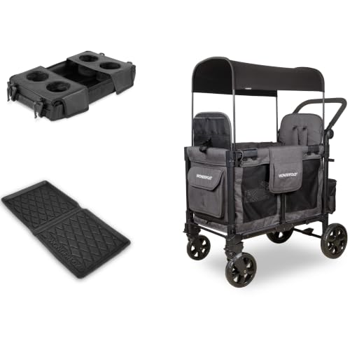 Image of WonderFold W2 Elite Pro Bundle - 2-Seater Stroller Wagon with All-Weather Floor Mat and Flex Snack Tray, Safety-Certified with 5-Point Harnesses - Gray