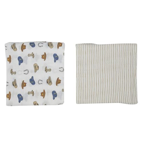 Image of Chick Pea Muslin Baby Blanket for Boy Large 36x40 2pack Cowboy Hat Striped