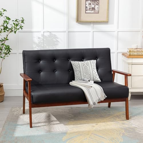 Image of STHOUYN Black Small Leather Couch, 2 Seater Loveseat with Wooden Armrest | STHOUYN, Waiting Room Bench, Mid Century Modern, Living Room, Bedroom, Apartment, Dorm