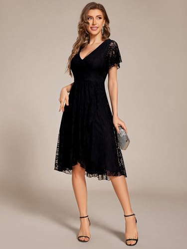 Ever-Pretty Women's V Neck Short Sleeves Lace A Line Hi-Lo Midi Semi Formal Dress 024894