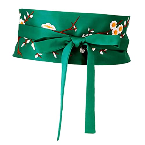 Women's Waist Belt Tie Belt Wrap Belt Girdles Embroidered Flower Wide Belt for Dresses Kimono Gown, Green, 235cm