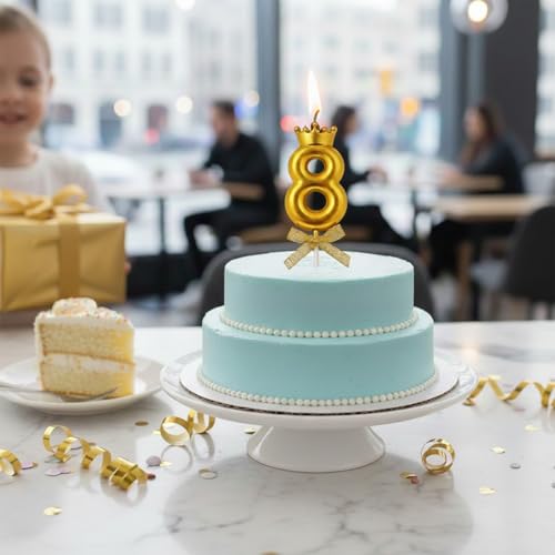 Image of Rozi Decoration Number 8 Birthday Candle for Cake with Crown Design | Gold Metallic Number Candle with Stick | Eighth Birthday Cake Topper for Baby, Kids and Party Celebration