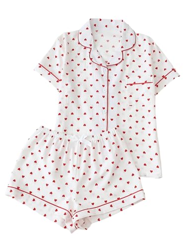Image of SHENHE Women's 2 Piece Pajama Set Bow Graphic Button Down Short Sleeve Lapel Shirt Pj Short Set