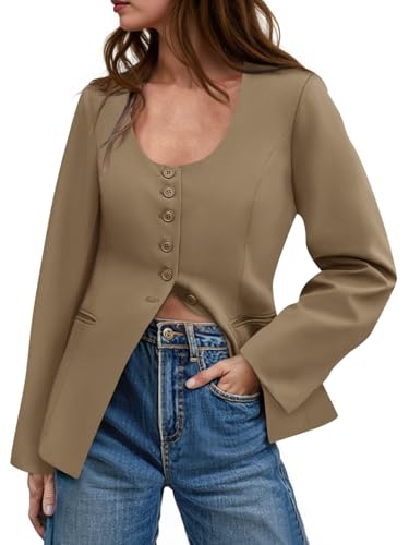 Cicy Bell Womens Business Work Casual Blazers Button Down Scoop Neck Split Hem Fitted Suit Jackets Dark Khaki