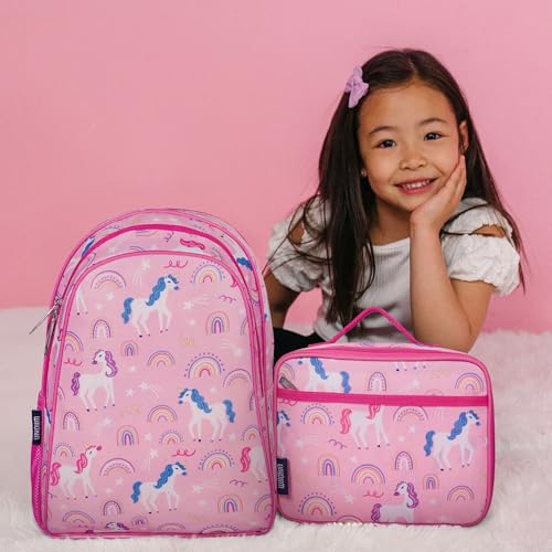 Image of Wildkin 15 Inch Backpack for Kids, Rainbow Unicorns | Ages 5-10, padded straps, side water bottle pocket - coordinates with matching Wildkin lunch boxes