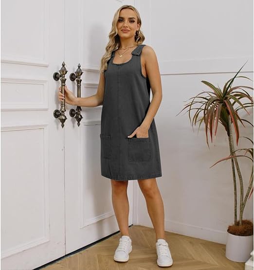 Image of Overall Dress for Women Denim Dress Denim Overall Round Neck Skirtall Jean Dress Denim Jumper Dress Pinafore