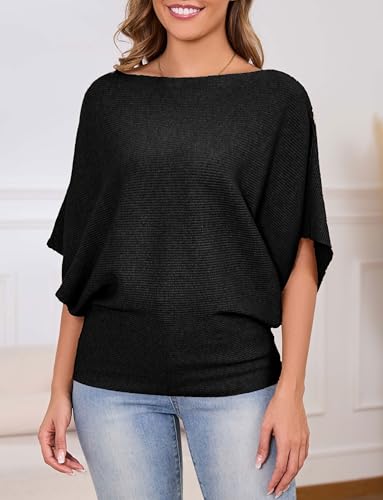 Image of MAKARTHY Womens Batwing Sleeves Knitted Dolman Pullovers Boat Neck Tops Sweatershirts