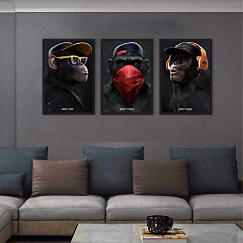 Kit 3 Quadros Macacos Sábios Mafia Bandana Fone Style 40x60 cm