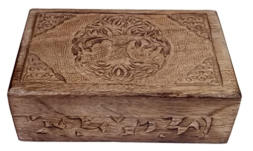 Purpledip Wooden Handcarved Box Round Tree of Life: for Jewelry Trinkets, Cards, or Tea Bags, Distress Brown (12235B) - Image 2