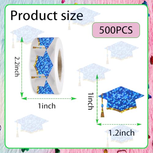 Image of 500Pcs Graduation Cap Stickers Roll 1.2in Glitter Grad Stickers Blue with Gold Rim Label Tag Self-Adhesive Classroom Reward Waterproof Decals for Envelope Bottle Decor