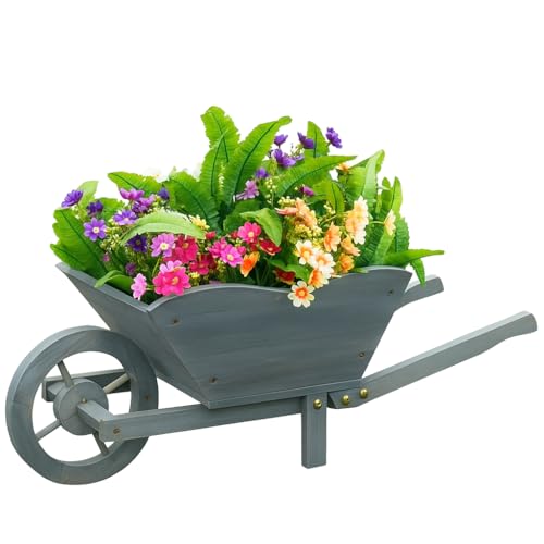 U.saf Wooden Wheelbarrow Planter for Garden, Rustic Outdoor Plant Holder with Fixtures Included, Easy Self Assembly, Decorative Flower Display for Patio, Balcony or Yard, 69 x 28 x 32cm