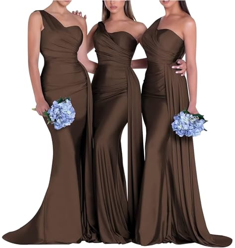 Image of One Shoulder Bridesmaid Dresses for Wedding Long Satin Bodycon Prom Dress Mermaid Formal Evening Gowns
