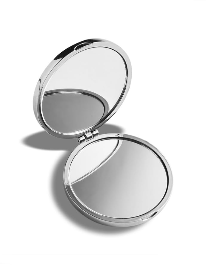 Yuvarlak Mini Metal Cep Aynası, Taşınabilir Makyaj Aynası, Gümüş Krom, 6.5 cm, Katlanabilir, Modern