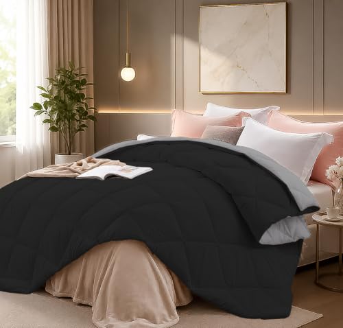 Image of Super Comfort Microfiber 300 GSM Reversible Winter Comforter for Double Bed Rajai /Blanket Diamond Stitch (90 inch x 100 inch Inches /228cm x 254cm) - Comforter Double Bed|Silver /Black