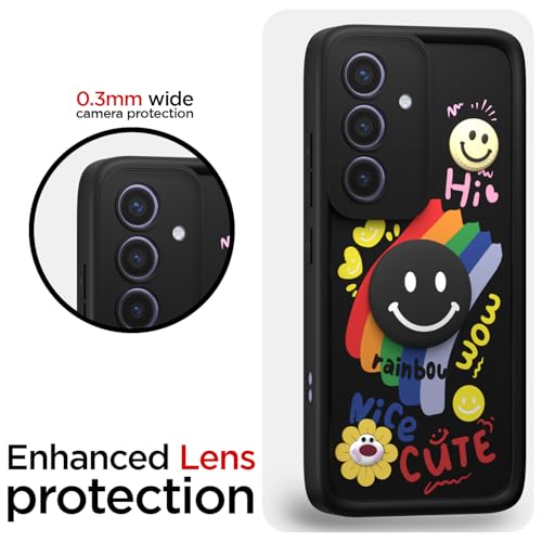 Image of Pikkme Back Cover for Samsung Galaxy S24 5G | Soft Silicone| Cute Rainbow Smile & 3D Cartoon Flower Design | Shockproof Raised Camera Protection Bumper Case (Black)