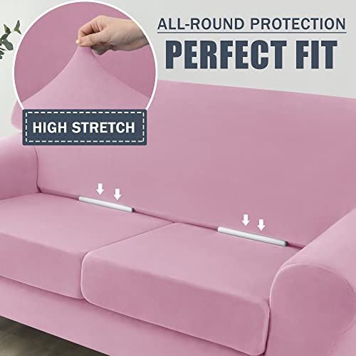 Stretch Sofa Slipcover, Soft Velvet Sofa Covers For 3 Cushion Couch Thick Furniture Protector For Pets & Kids (Pink, L) #TOP4