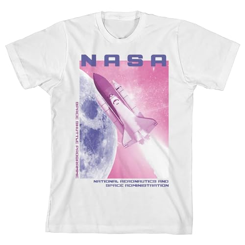 NASA Pink Sky with Shuttle & Purple Moon Crew Neck Short Sleeve Girl's White T-Shirt
