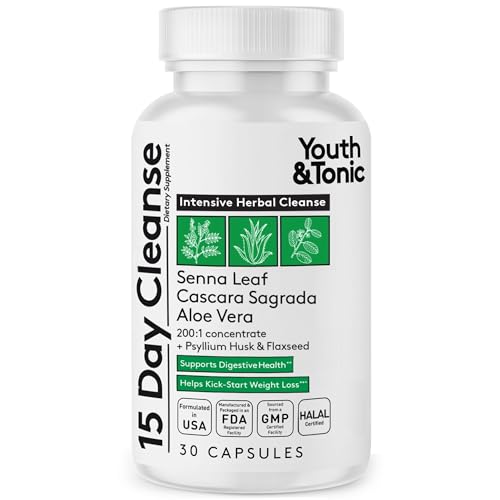 Youth & Tonic 15 Day Cleanse – Colon & Gut Cleanse Detox Reset for Plateaus, Belly Bloating & Regularity, Digestive Health – for Women & Men, 30 Pills