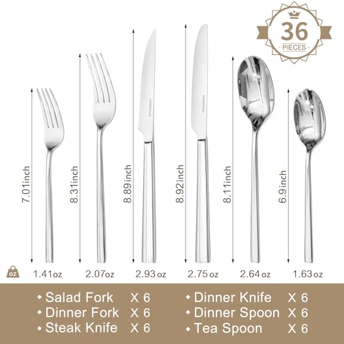 KINGSTONE Silverware Set with Steak Knives, 36-Piece Forged Flatware Set Cutlery Set Premium Stainless Steel, Service for 6, for Kitchen, Home, Wedding, Party, Mirror Polished and Dishwasher Safe - Image 4