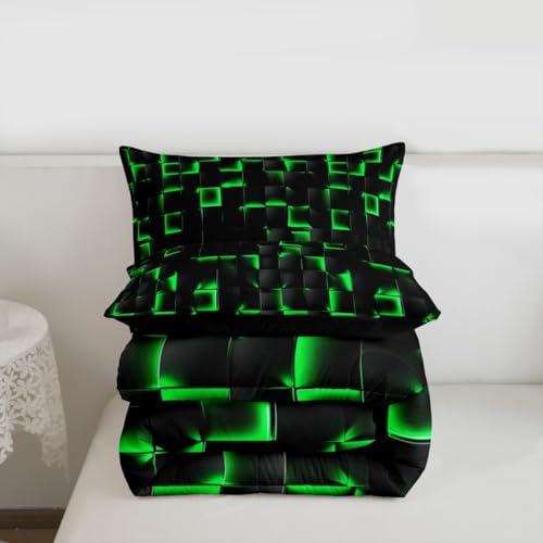 Image of Erosebridal Neon Black Green Boys Comforter Set Toddler Size Geometric Checkered Bedding Set for Kids Teen Men Gaming Room Decor,Abstract Ombre Plaid Comforter Grids Quilt Duvet