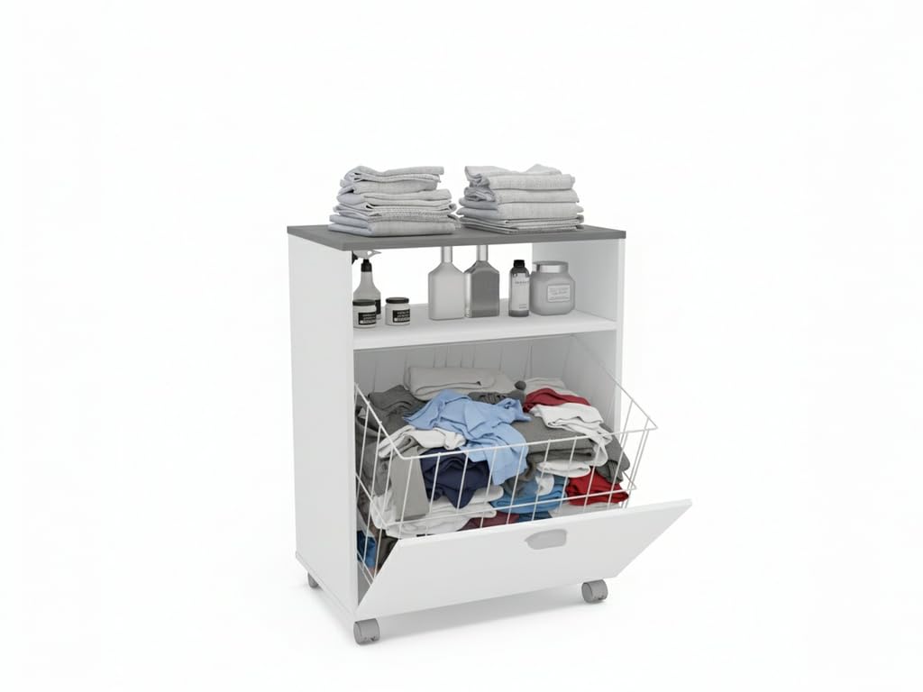 Mueble de Lavandería Blanco con Cesta Metálica y Tapa Gris Grafito – 60x40x80 cm – Diseño Moderno y Funcional en Melamina
