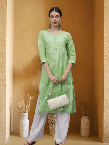 Image of Seva Chikan Hand Embroidered Lucknowi Chikankari Appricoat Peach Terivoil Cotton Kurta for Women SCL4603