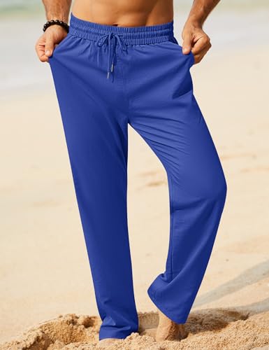Image of iWoo Linen Pants Men Casual 2025 Summer Beach Elastic Drawstring Waist Yoga Pants Travel Baggy Work Pant Pajama