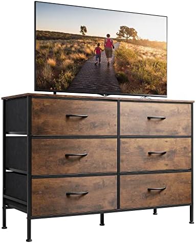 WLIVE Wide Dresser with 6 Drawers, TV Stand for 50″ TV, Entertainment Center with Metal Frame, Wooden Top, Fabric Storage Dresser for Bedroom, Hallway, Entryway, Rustic Brown Wood Grain Print