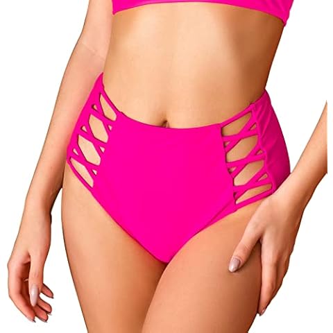 Annbon High Waisted Bikini Bottom for Women - Full Coverage Bathing Suit Bottoms - Lace Strappy Sides Swimsuit, Hot Pink, Large Cover