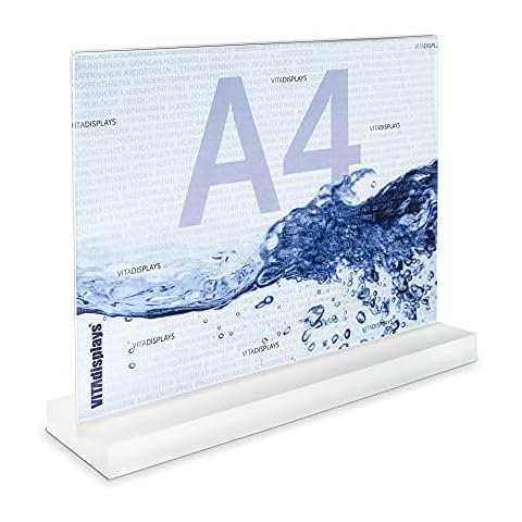 VITAdisplays DIN A4 Werbeaufsteller im Querformat mit massiver, satinierter PLEXIGLAS Basis, T-Ständer, T-Aufsteller als Tischaufsteller Cover