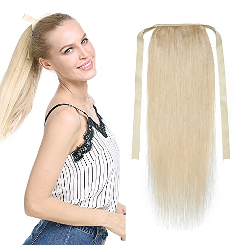 Hairro Ponytail Hair Extensions Tie Up Ponytails With Comb Wrap Blonde Pony Tail Extensions With Ribbon 100% Real Human Hair Straight Hair Ties With Hair For Women 14 Inch 80G #60 Platinum Blonde #TOP10