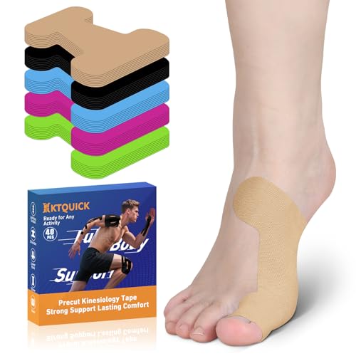 KTQUICK Kinesiology Tape for Bunion 20% Stronger Adhesive, 40PCS Pre-Cut Bunion Tape for Big Toe Alignment Support, Breathable Cotton, Waterproof & Latex-Free Toe Support Wrap (Beige)