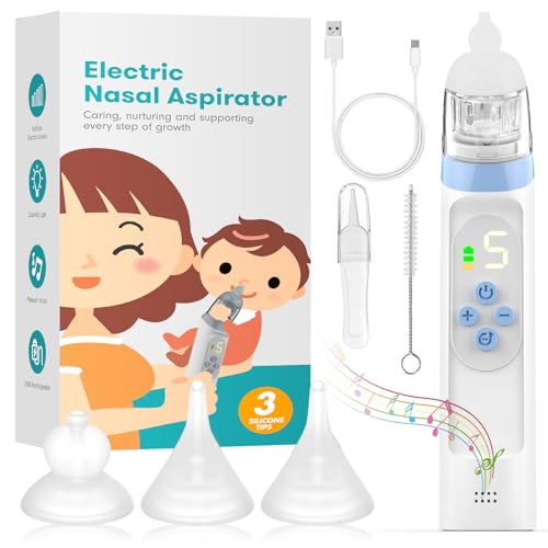 Elektrische neuszuiger voor baby met 5 zuigniveaus, elektrische neuszuiger baby stofzuiger met display, USB-oplaadbaar met 3 siliconen spuiten en pincet, muziekfunctie en kleurlichten