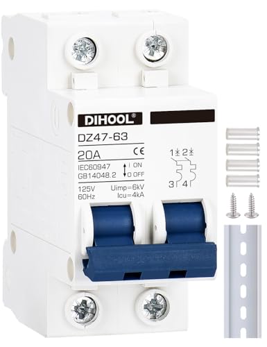 20 Amp DIN Rail Mount Miniature Circuit Breaker Overload Short Circuit Protection (16A 25A 30A 40A 60A 100A Optional) DZ47 2 Pole Low Voltage AC110V