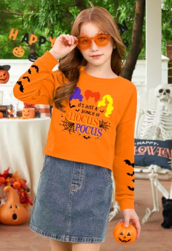 Image of BesserBay Girls Halloween Crop Tops Orange Print Spooky Shirt 6-14 Years
