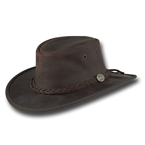 Barmah Hats Foldaway Bronco Leather Hat 1060BL / 1060BR / 1060RU (XLarge, Brown)
