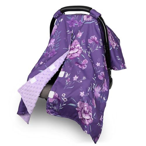 Image of Baby Car Seat Cover for Boys Girls, Winter Infant Carseat Cover for Babies, Peekaboo Opening Nursing Cover Carseat Canopy, Warm Carrier Cover for Newborn, Purple Flower