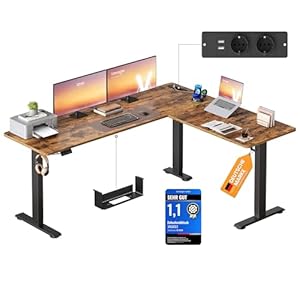 VASAGLE Höhenverstellbarer Schreibtisch, 190 x 155 cm, L-förmiger Eckschreibtisch, Stehtisch, 2 AC-Steckdosen, 2 USB-A-Anschlüsse, Ablage für Steckdosenleiste, für Büro, vintagebraun LSD295KD01